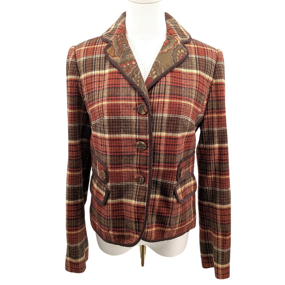 Plaid Wool Blazer Jacket Paisley Trim Brown Rust Academia ATL Studio Size 4